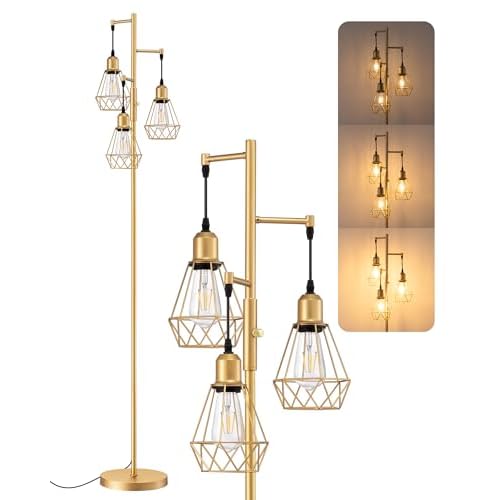 EDISHINE 70'' Dimmable Industrial Floor Lamp, Farmhouse Standing Lamps Diamond-Shaped Lampshade, 3 LED Edison Bulbs Included, Farmhouse Rustic Floor Lamps for Living Room, Bedroom, Office, G