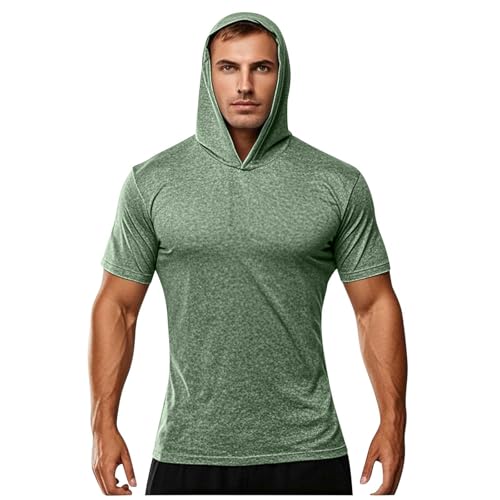 Men Short Sleeve Hoodies Gym Workout Quick Dry Muscle Shirt Tops Sun Protection Athletic Hooded Pullover T-Shirts