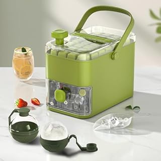 Compact Double Layer Ice Cube Tray with Lid and Bin, One-Click Demolding, Pull-Out Ice Drawer with Portable Handle, Includes 2 Large Ice Ball Molds (Green)