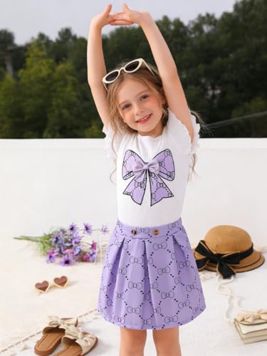 Image of Azmxynol Toddler Girls Clothes Cap Sleeve T-Shirt + Bowknot Print 2pcs Summer Shorts Outfit Set For Girls, Size 4-8 Years