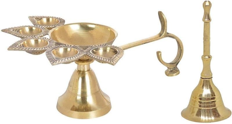 Brass Panch Aarti Diya Oil Lamps with Hand Bell Aarti Diya Religious Item for Home and Temple- Combo of 2 Pcs