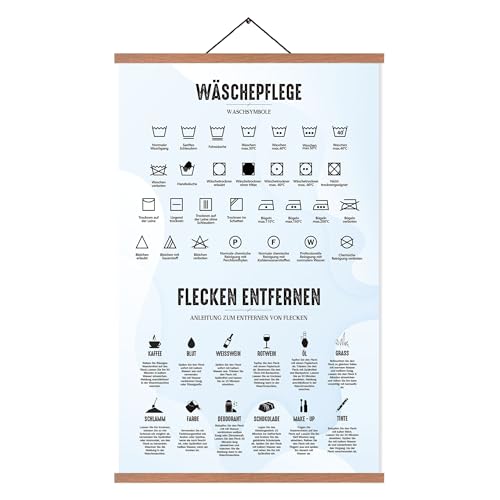 EASTJOY Waschküche Poster,Waschküche Dekoration,Waschguide,Waschsymbole,Deutsch,Laundry Schild,mit Teak Holz Posterleiste 65X40cm(Groß A2)