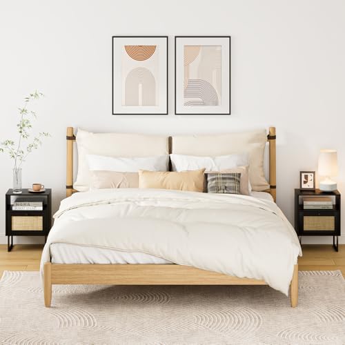 Image of Rattan Nightstand, Mid Century Modern Night Stand,Boho Farmhouse Wood Bedside Table with Storage and Open Shelf, End Side Accent Table for Bedroom,Living Room,Black