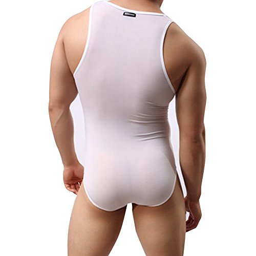 Feeshow Men's Soft Smooth Work Out Swimsuit Gym Fitness Bodysuit (Medium(Waistline 28.0-40.0 Inch/72-102Cm), White) #TOP1