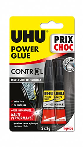 UHU Power glue liquide control - colle extra forte, instantanée, technologie anti-goutte, sans solvants, transparente, tubes 2x3g