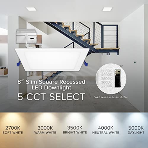 Maxxima 8 In. 5Cct Square Recessed Led Downlight, 1600 Lumens Slim Flat Panel Color Selectable 2700K/3000K/3500K/4000K/5000K, Dimmable, Canless Ic Rated, White Trim, J-Box Included #TOP4
