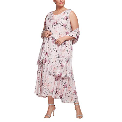 Alex Evenings Women's Plus Size Tea Length Printed Chiffon Dress with Shawl, Blush Multi, 22W