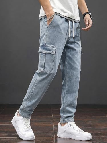 Image of JMIERR Men's Elastic Waist Cargo Jeans Stretch Denim Pants with Drawstring Relaxed Fit for Casual Daily Wear