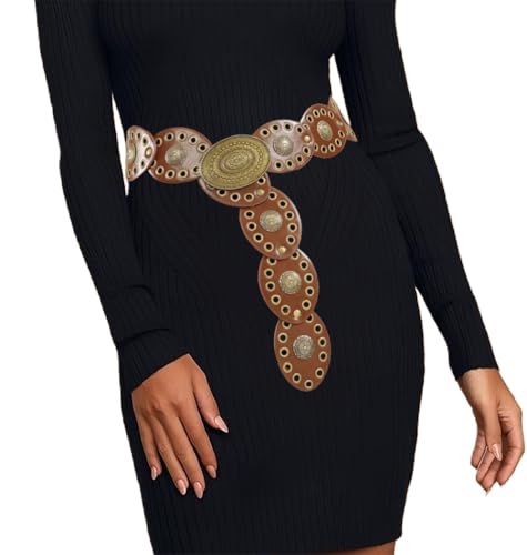 Western-Wide-Disc-Belt for Womens-Oval-Belt - Vintage Hollow-Rivet Cowgirl-Boho-PU-Leather-Belt for Dress Jeans