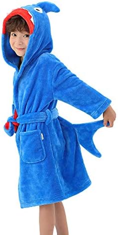 LOLANTA Kids Shark Robe Boys' Bathrobe with Hood Plush Animal Sleepwear Dressing Gown Gift (Blue, 6-8 Years)