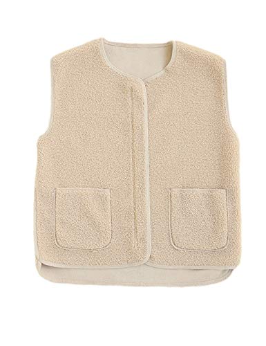 Yimoon Women's Fluffy Zip Up Collarless Sleeveless Vilet Vest with Pocketsï¼ˆKhaki-Lï¼‰