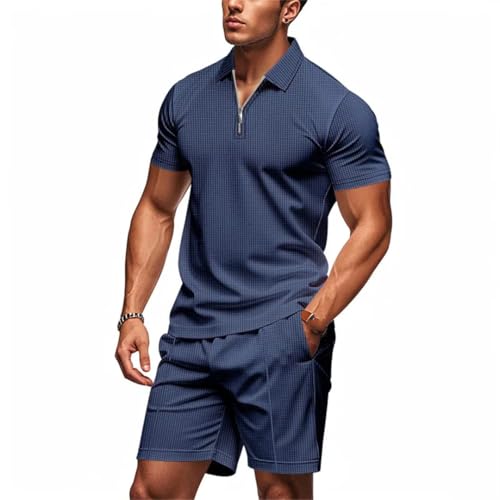 Wjnvfioo Men's Summer Loose-Fitting Zip-Up Short-Sleeved Polo Shirt Casual Shorts Suit3
