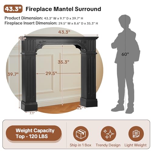 Image of HOMEDIARY Rustic Black Freestanding Fireplace Mantel, Modern Painted Fireplace Surround with Mantel for Living Room, Grade A MDF Mantel Surrounds with Legs for Home Decor /Wall Decor, Anti-Tipping