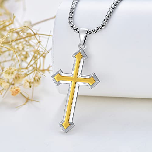 Cekama S925 Sterling Silver Gothic Cross Necklace For Men Christian Pendant With Chain Yellow Silver Layered Plated Punk Rock Jewelry Gifts For Father's Day Mother's Day Birthday Anniversary #TOP1