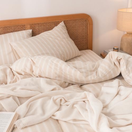 Image of BESTOUCH Striped Cotton Duvet Cover Set Linen Feel Alaska King | 100% Washed Cotton, Soft Wrinkle Texture, Hidden Zipper, 8 Ties, Breathable Lightweight Durable Comfy, 3 Pcs No Insert