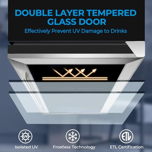 Image of 15 Inch Beverage Refrigerator Under Counter, 130 Cans Beverage Fridge Built-in or Freestanding, 15 inch Drink Cooler with Glass Door, Blue LED Light, Safety Lock - for Home /Kitchen(3.1 cu.ft)