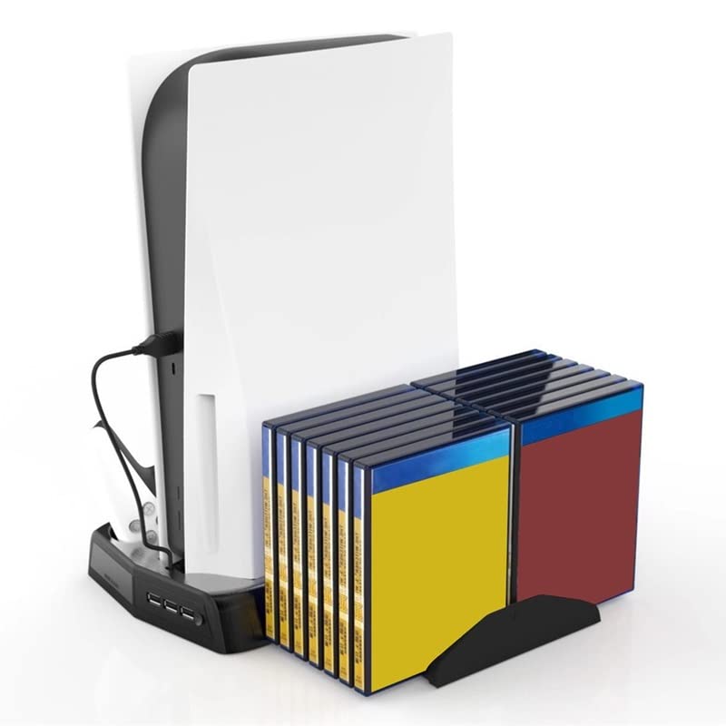 Base di ricarica per PS5 con ventola di raffreddamento e controller a 3 porte e supporto per vassoio di archiviazione