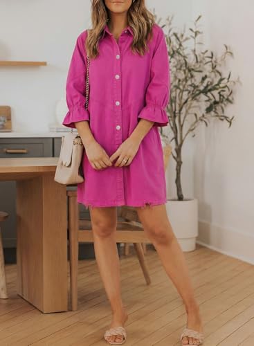 Image of Sidefeel Womens Smocked 3 4 Sleeve Button Down Denim Jeans Dresses
