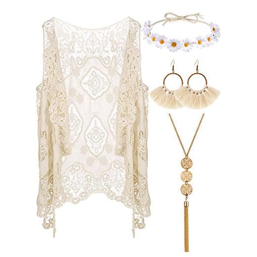 WILLBOND 4 Pieces Women Hippie Bohemian Costume Set Open Stitch Cardigan Crochet Vest (White,Large)