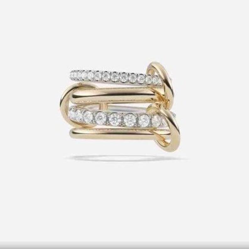 18K Gold Plated White Topaz Interlocked Stackable Rings for Women 925 Sterling Silver Multi Stack Link Ring Dainty Two Tone Statement Ring Jewelry