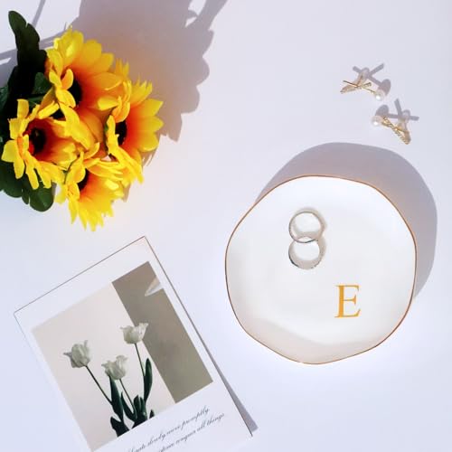Image of Ceramic Jewelry Tray Initial Ring Dish Personalized E-Monogrammed Engagement Wedding Gifts, for Birthday Mother's Day Christmas for Women, Ceramic White 4.75 inch (E)
