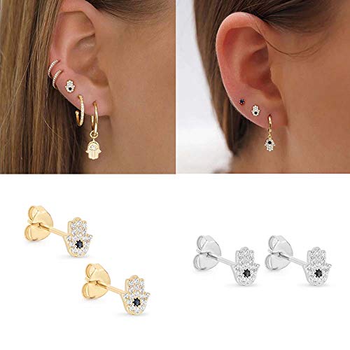 Evil Eye On Palm Mini Cute Cubic Zirconia Stud Earrings For Women Little Girls 925 Sterling Silver Delicate Mystic Hamsa Hand Of Fatima Cartilage Tragus Post Studs Dainty Birthday Gifts (Gold) #TOP6