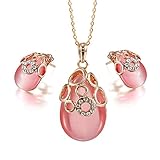 FAIRY COUPLE Rose Gold Color Pink Cat's eye Opal Teardrop Pendant Necklace Stud Earring Jewelry Set Gift For Women Girls S186