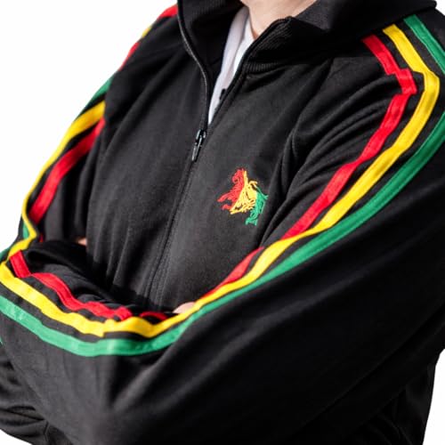 SAVARI Veste de sport Rasta avec fermeture éclair, noir, broderie lion de Juda, rayures tricolores sur manches, style rétro, unisexe, tailles S à 2XL, M