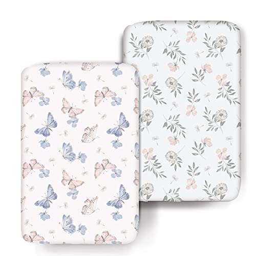 Image of COSMOPLUS Stretch Pack n Play Sheets 2 Pack, Mini Crib Sheets Sets Fitted Pack and Play Sheets Playard Sheets Ultra Stretchy Soft,Butterfly/Dandelion