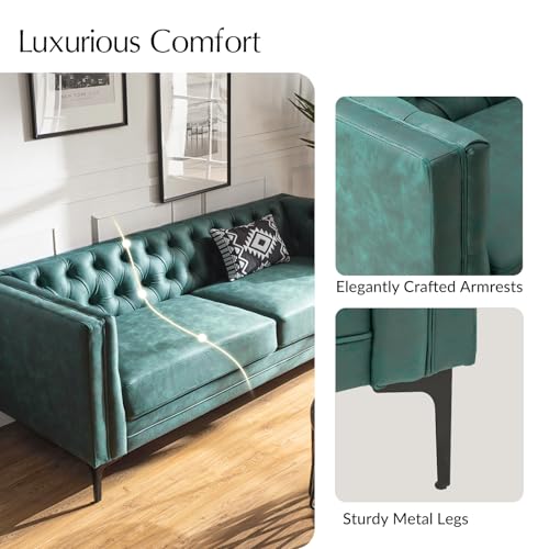 Image of HULALA HOME 84 inch W Faux Leather Sofa Couch with Metal Legs, Button-Tufted 3-Seater Sofa, Mid Century Modern Contemporary Upholstered Couch for Living Room, Entertainment Area, Apartment,Green