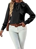 Umenlele Women's Elegant Tie Knot Mock Neck Ruched Long Sleeve Blouse Shirt Top Black Large