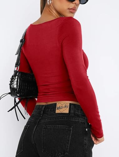 Image of Women Sweetheart Neckline Basic Fitted Tops Long Sleeve Going Out Crop Tops Ruched T Shirts