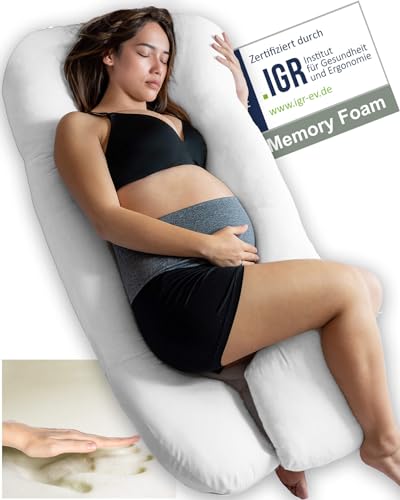 Traumreiter Seitenschläferkissen Visco Comfort L mit Bezug Weiß, Hybrid Kissen + 1cm Memory Foam, U Form Schwangerschaftskissen Gel Body Pillow Komfortkissen Erwachsene, Ergonomie Zertifiziert