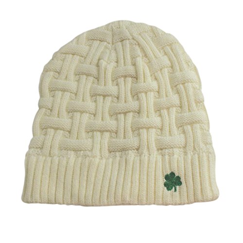 Man Of Aran Acrylic Basket Weave Beanie Hat Natural Colour with Green Shamrock