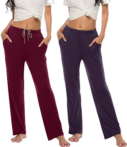 MoFiz Femme Bas de Pyjama Long Pantalon Doux Modal Vêtements de Nuit avec Poches Lot de 2 Vin Rouge/Gris Rougeâtre XXL Cover