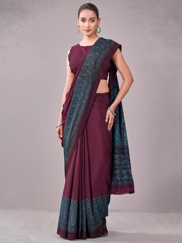 Image of Satrani Women's Crepe Printed Saree with Unstitched Blouse Piece