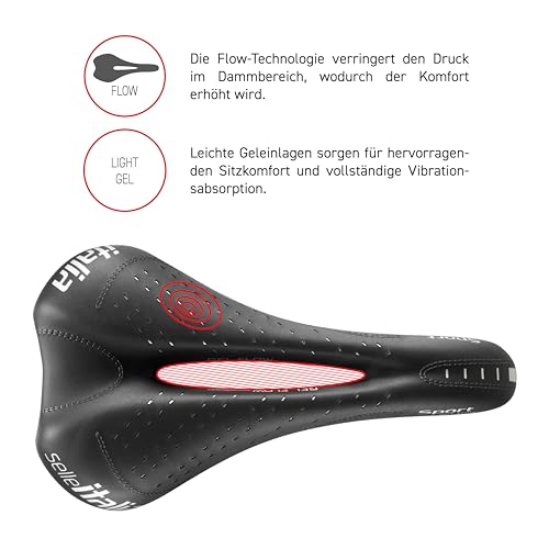 Selle Italia SPORT Gel Flow – Sattel für Stadtfahrräder, Trekkingräder, Citybikes, mit anatomischem Loch und Schiene aus FEC-Legierung – Größe S2, Schwarz