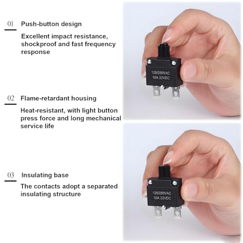 JIQI 6pcs 10A Circuit Breakers,125/250VAC Push-Button Manual Reset Overload Protection switches with 6pcs Waterproof Button caps,Suitable for Household Appliances,Medical Electrical System