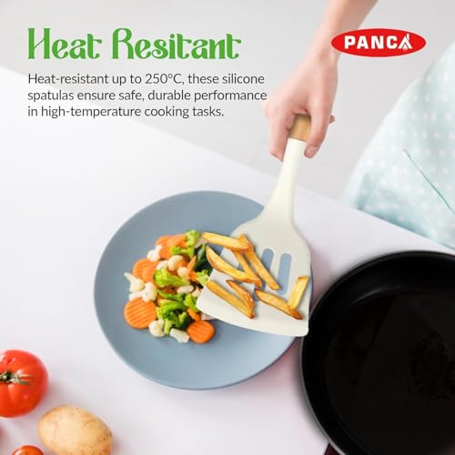 Image of PANCA Silicone Non Stick Spatula Set of 3 with Wooden Handle | Heat Resistant Cooking & Serving Spoon Set | Silicone Kitchen Tools for Cooking, Baking, Mixing (White)