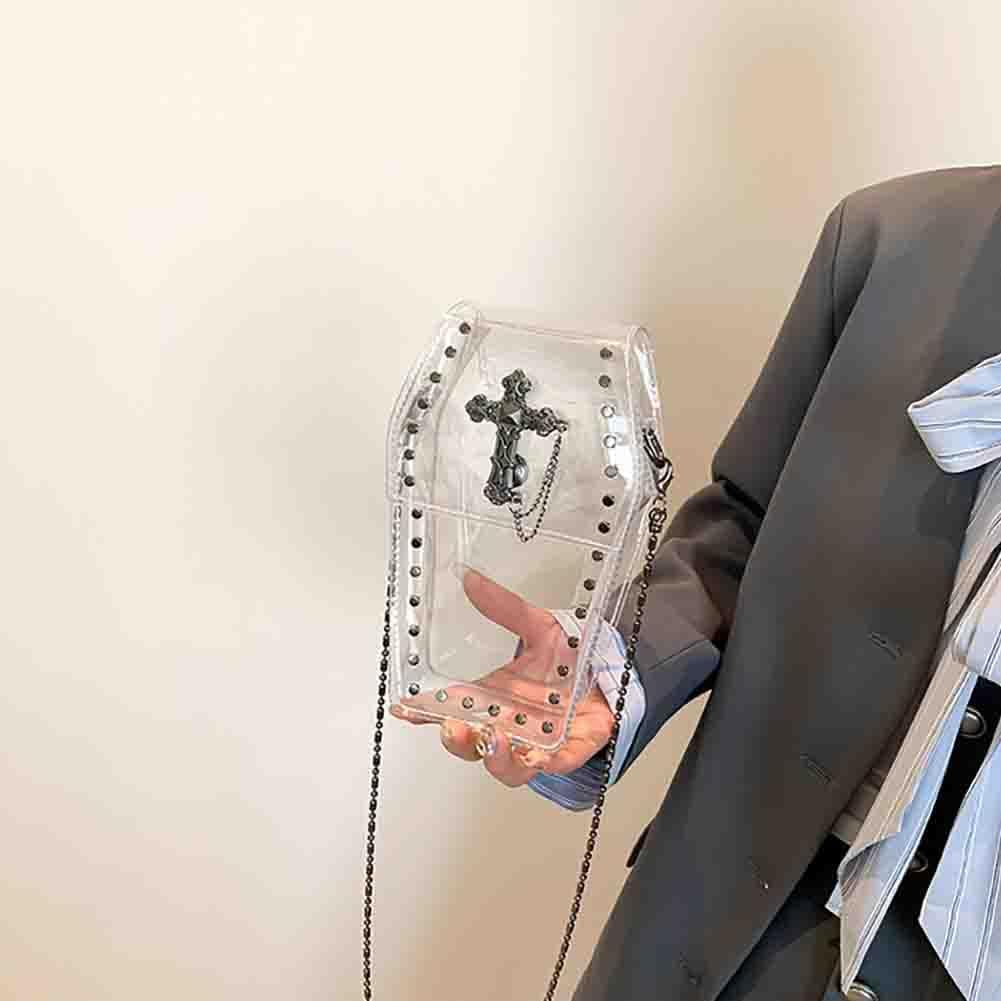 Gothic Rivet Coffin Shape Crossbody Bag, Women’s Studded Cross Transparent Shoulder Bag, Novelty Vintage Punk Phone Purse