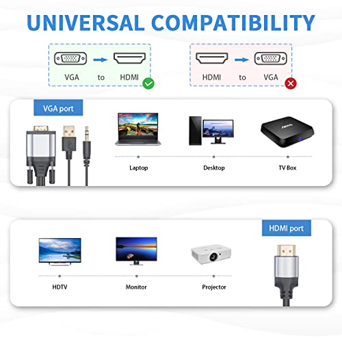 Duttek VGA to HDMI Adapter Cable 5FT/1.5M, VGA to HDMI Cable, Gold Plated 1080P Active VGA Male to HDMI Male Analog Video Adapter Cable with Audio Output Converter Cable. (Not HDMI to VGA) - Thumbnail 3