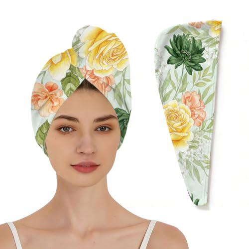 Chintiz Microfiber Hair Towel Wrap for Women - Rose Floral Super Absorbent Fast Drying Head Hair Towels - Elastic Loop Design Anti-Frizz Soft Turbans for Wet Long, Curly, Thick Hair