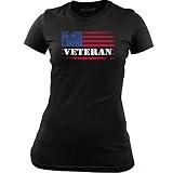 USAMM Women's Veteran Distressed American Flag T-Shirt (XL, Black/FC White Text)