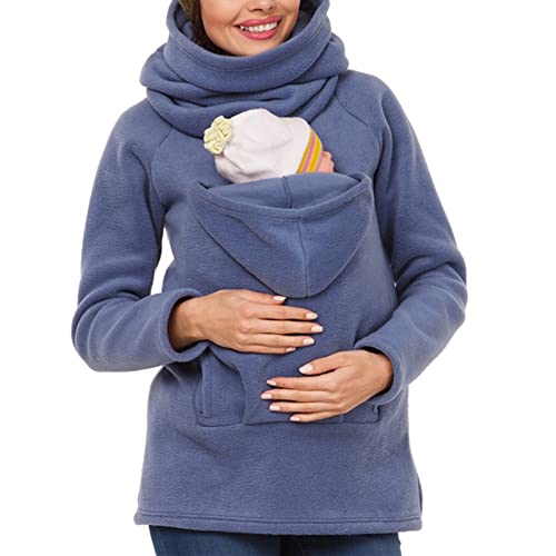 amropi 3 en 1 Porte-bébé Maternité Polaire Sweats à Capuche Femme Kangourou Pullover Sweat-Shirt Bleu,M