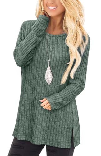 Image of Jescakoo Long Sleeve Shirts for Women Crew Neck Fall Tops Side Split Lightweight Tunic Sweaters Fashion Clothes 2025 S-4XL