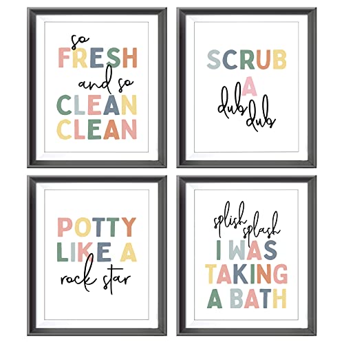 So Fresh And Clean Colorful Bathroom Art Poster Prints For Home Kid Washroom Restroom Nursery Toilet Laundry Decor,Funny Bathroom Rules Word Art Decorations Prints Wall Art Unframed 4Pcs 8X10Inches #TOP2