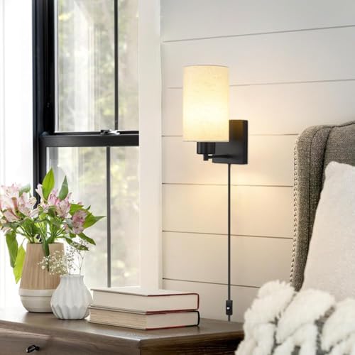 Image of KOONTING Plug in Wall Sconce Set of 2, Rustic Wall Lamp Wall Light Fixture | With Plug-in Cord and On /Off Toggle Switch, Grey Fabric Shade Wall Light for Headboard Bedroom Living Room (Circle-Linen)