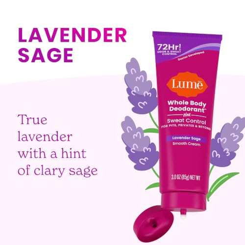 Image of Lume Whole Body Deodorant Plus Sweat Control - Smooth Cream Tube - 72 Hour Odor And Sweat Control - Baking Soda Free, Skin Loving - 3.0 ounce (Lavender Sage)
