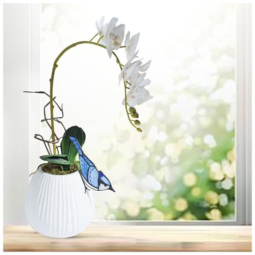 Lolitarcrafts Blue Jay Stained Glass Suncatcher for Pot Plant Decoration - Unique Planter Decor, Home Office Plant Decoration