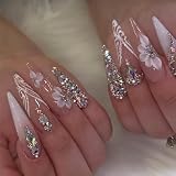 MISUD Press on Nails - Long Stiletto Fake Nails with Bling Glitter, Acrylic Luxury Rhinestone Design 24 pcs
